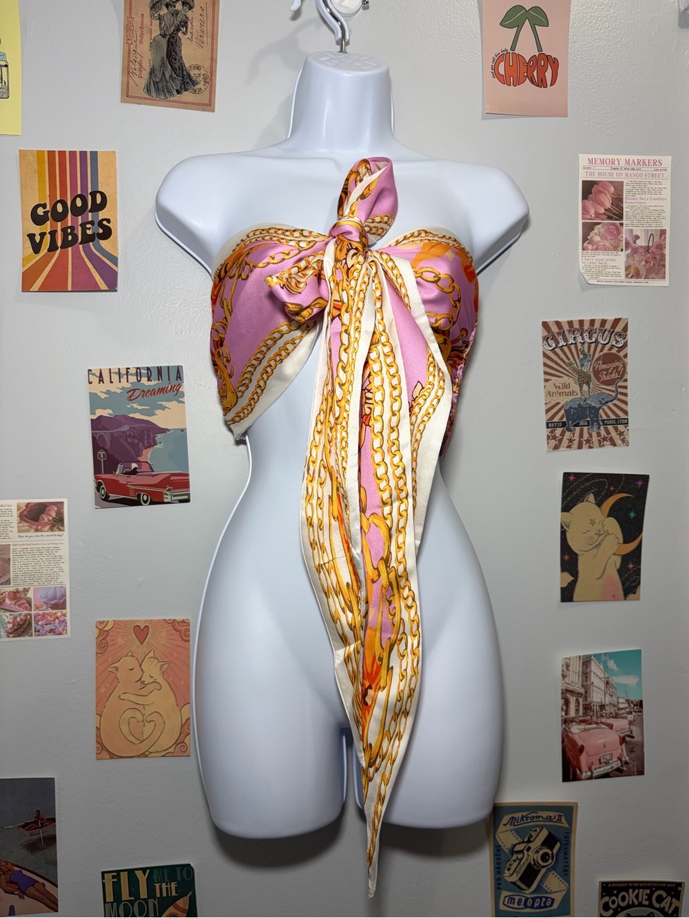 AKIRA Pink Smocked Strapless Crop Top with Gold-Orange Baroque Print